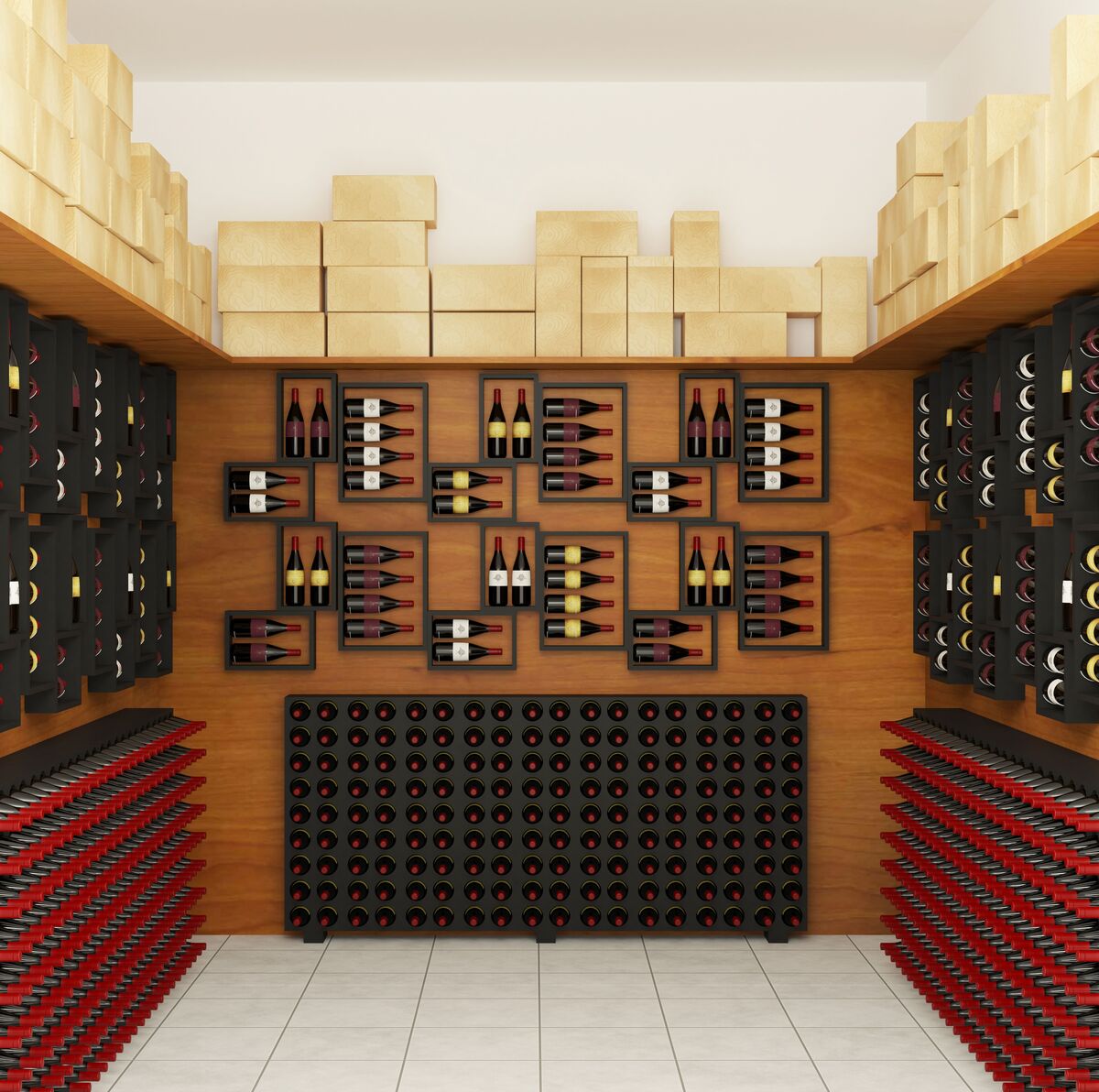 adega climatizada doméstica organizada com garrafas na horizontal separadas por tipo de vinho