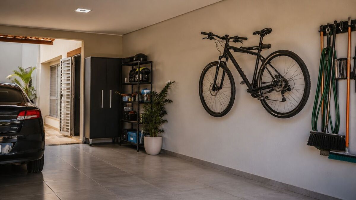 bicicleta suspensa em suporte de parede em corredor de apartamento moderno