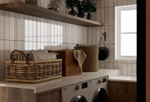 como organizar lavanderia com prateleiras e cestos