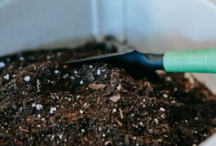 Composteira doméstica de plástico com três camadas aberta mostrando camadas de resíduos orgânicos e terra