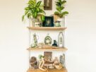 prateleiras flutuantes na sala organizadas com livros por cor plantas e objetos decorativos