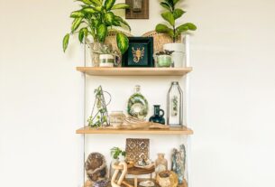 prateleiras flutuantes na sala organizadas com livros por cor plantas e objetos decorativos