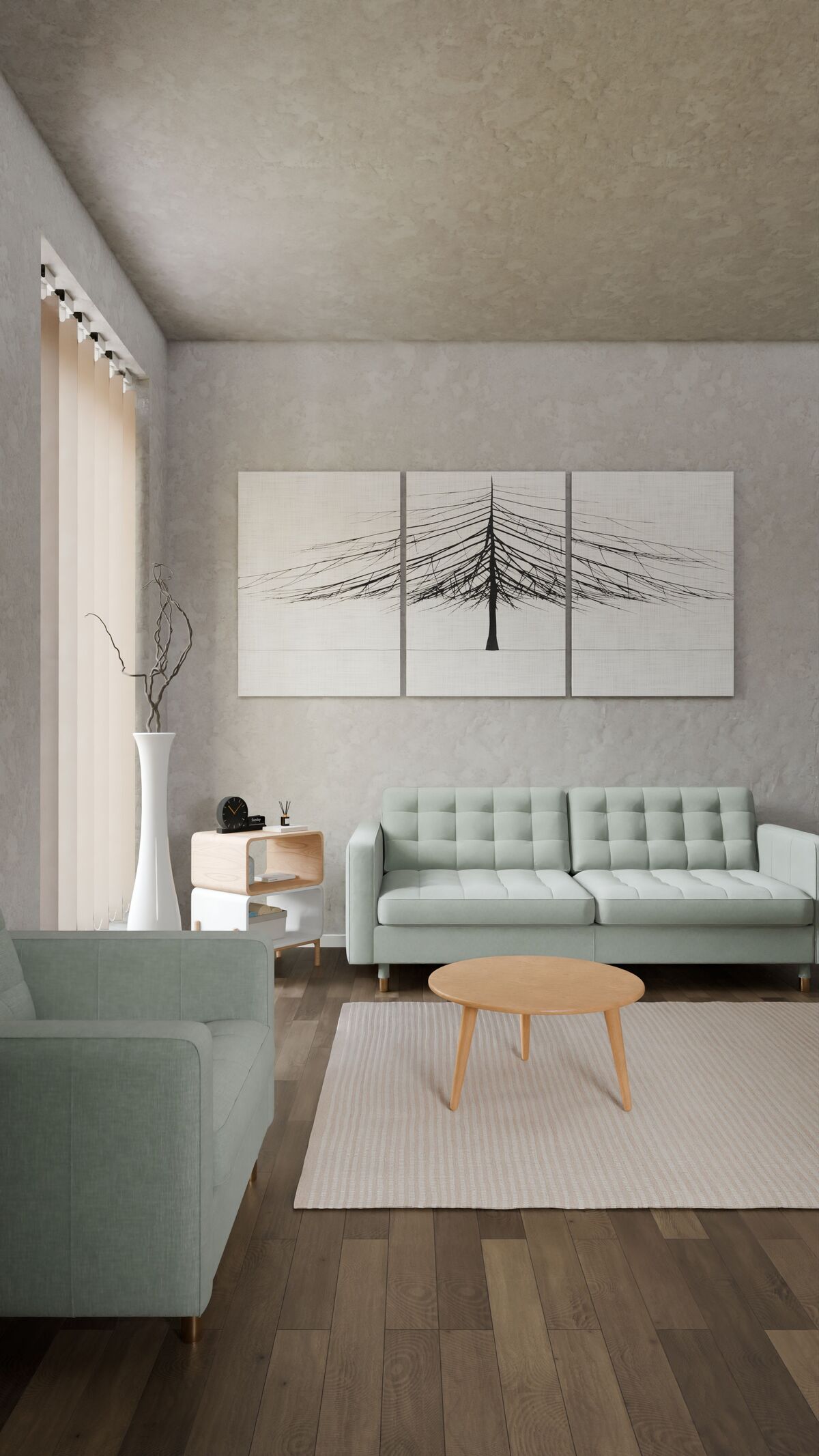 Sala de estar escandinava com sofá cinza claro, tapete de pelo longo branco, mesa de centro de madeira clara, plantas e luz natural abundante